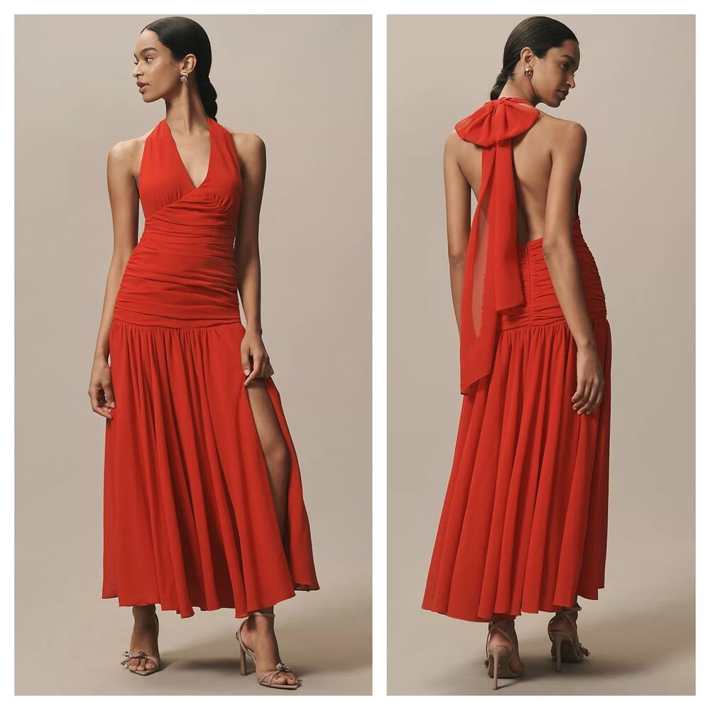 [Anthropologie] Bardot Red Mave Halter Neck Maxi Dress Low Back Ruched Slit 12